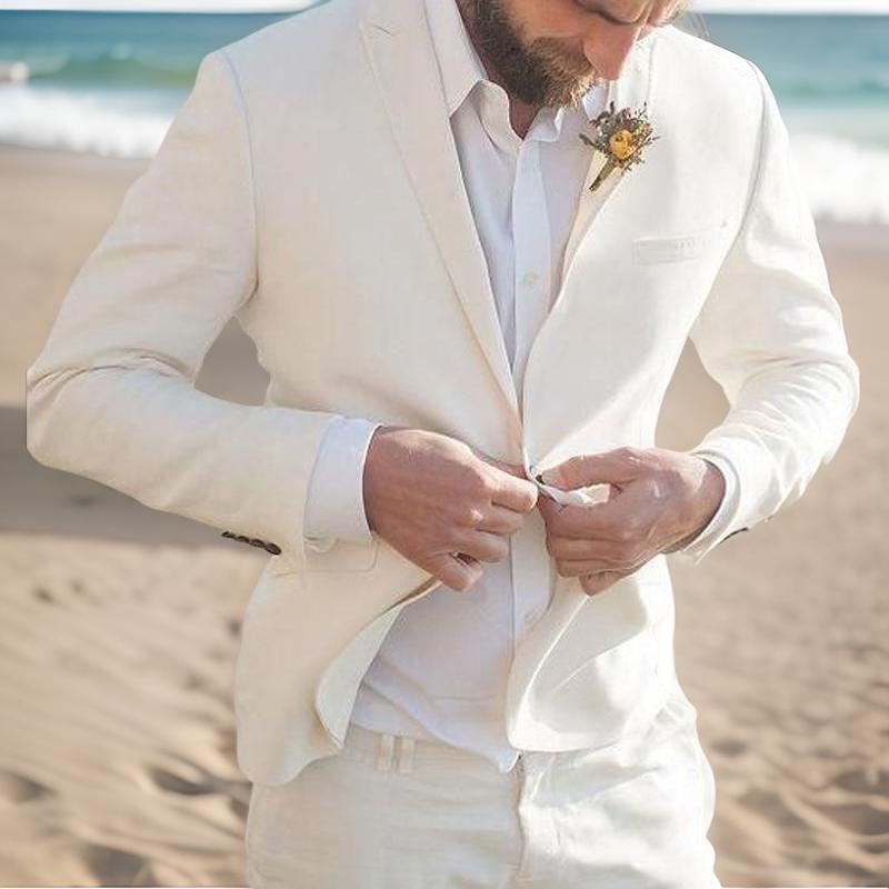 Beige Linen Groom Tuxedo for Wedding Beach Party Summer Men Suits Casual Peaked Lapel Custom 2 Piece Male Coat with Pants
