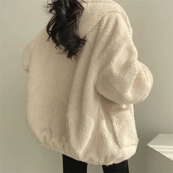 Loose Zipper Hooded Jacket 2024 Women Thicken Korean Version Plush Thickened Lamb Wool Cotton Middle Length Coat WinterX241018