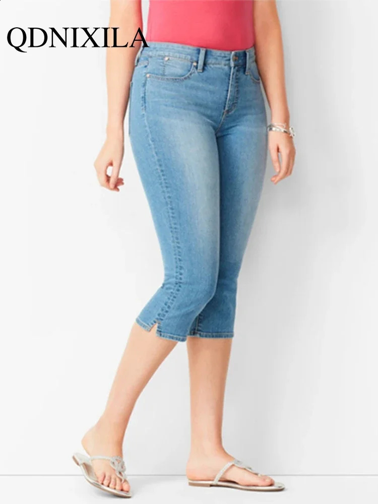 Womans Jeans Black Denim Pants Ladies Cropped Trousers Skinny Knee Length Jean Elastic High Waist Mom Oversize 241007
