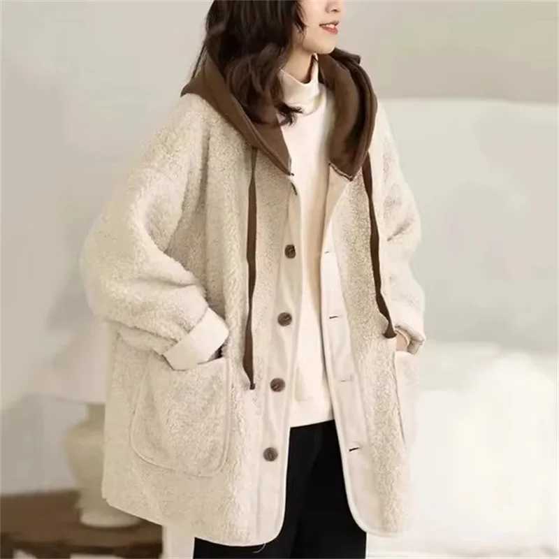 Korean Ladies Join Together Hooded Lamb Plush Jacket Autumn Winter Female Medium Long Styles Coat Large Size Baseball OutwearX241018