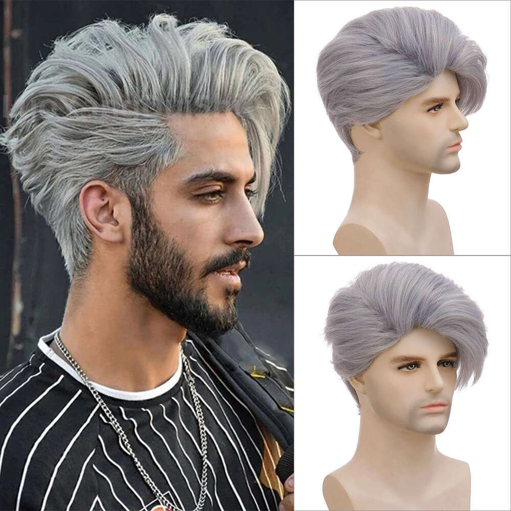 Men's New Fashion Personality Silver Gray Chemical Fiber Wig Headcover Short Hair For Men