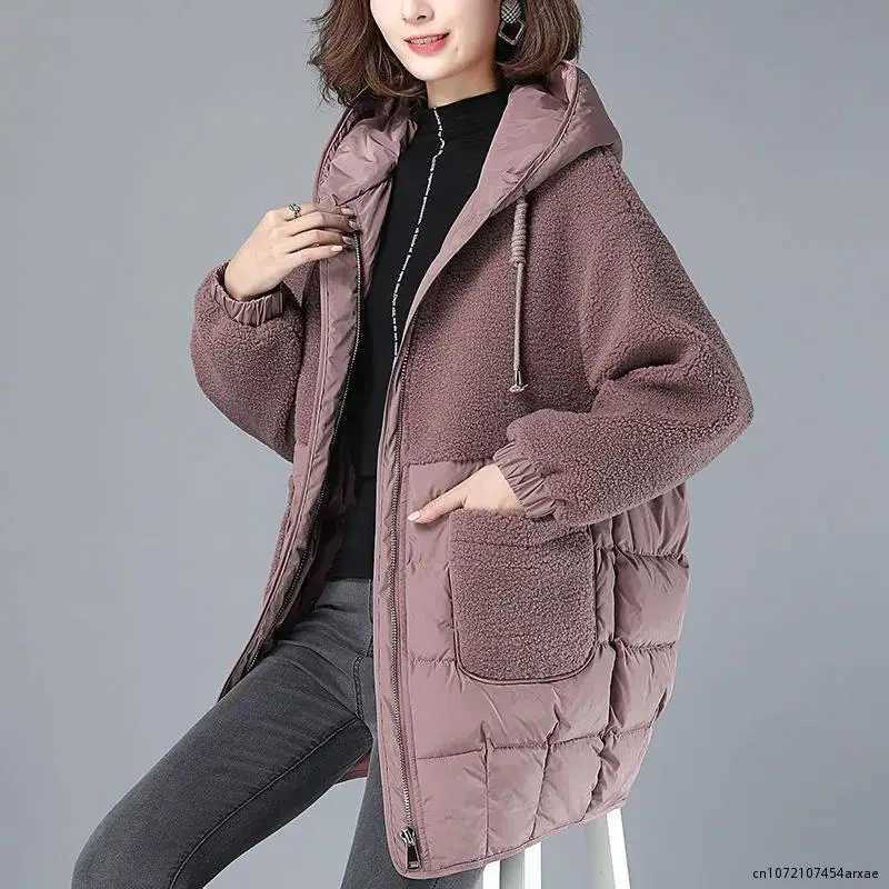 Women Padded Jackets Autumn Winter Hooded Outerwear 2023 Loose S-4XL Down Cotton Jacket Mid-Length Lamb Wool Thick Coat FemaleX241018