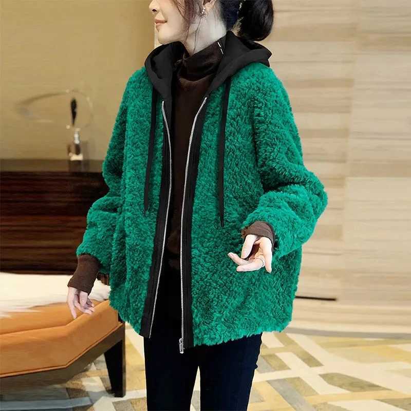 Green Plush Jackets For Women 2023 Zipper Hooded Stitching Coat Autumn Winter Fashion Long Sleeves Chamarras Para MujerX241018
