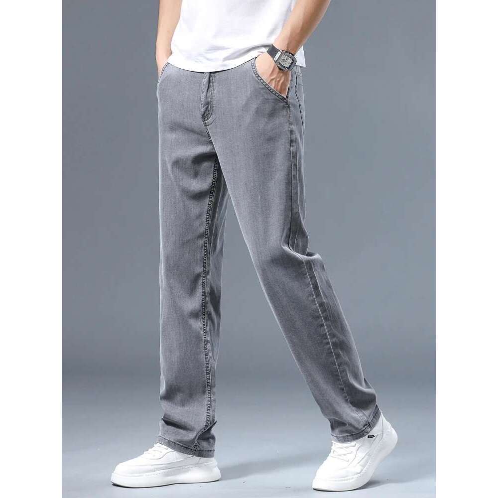 Summer Men's Lyocell Baggy Jeans Thin Soft Drape Business Casual Trousers Classic Gray Brand Straight Ice Silk Pants