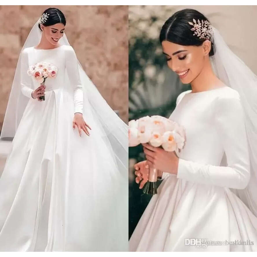Sleeves Wedding Dresses Long Bridal Gown Plus Size Jewel Neck Custom Made Satin A E Country Garden Beach Vestidos De Novia