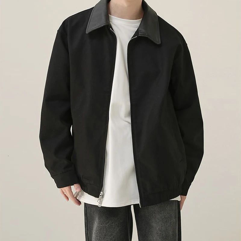 Male Stitching PU Jackets Winter Fashion Solid Color Loose Zipper Outwear Autumn Mens Long Sleeve Leather Motorcycle Coats 241018