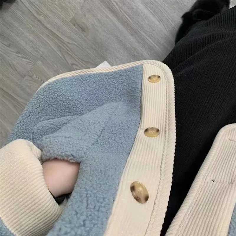 Hdspq Contrast Vintage Lamb Wool Jacket Women Fashion O-Neck Single Breasted Plush Coats Woman 2023 Autumn Winter Warm OuterwearX241018