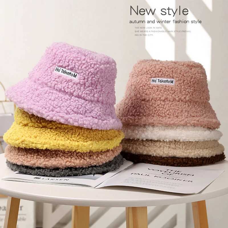 Children Winter Warm Bucket Hat Solid Letter Lamb Wool Baby Girl Boy Hats Thicken Outdoor Kids Panama Flat Sun Cap LX241018