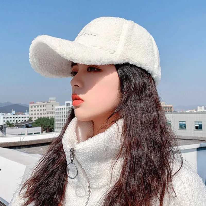 New Lamb Wool Baseball Cap Letter Embroidery Women Sun Hat Lady Girls Outdoor Warm Winter Spring Plush CapsX241018
