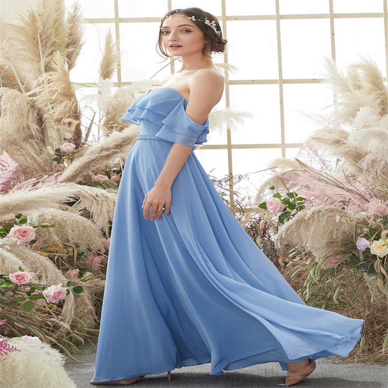 Off Shoulders Blue Bridesmaid Dresses 2025 Elegant Boho Chiffon Maid Of Honor Dress Floor Length Wedding Guest Dress Simple Vestio De Fiesta Formal Ev