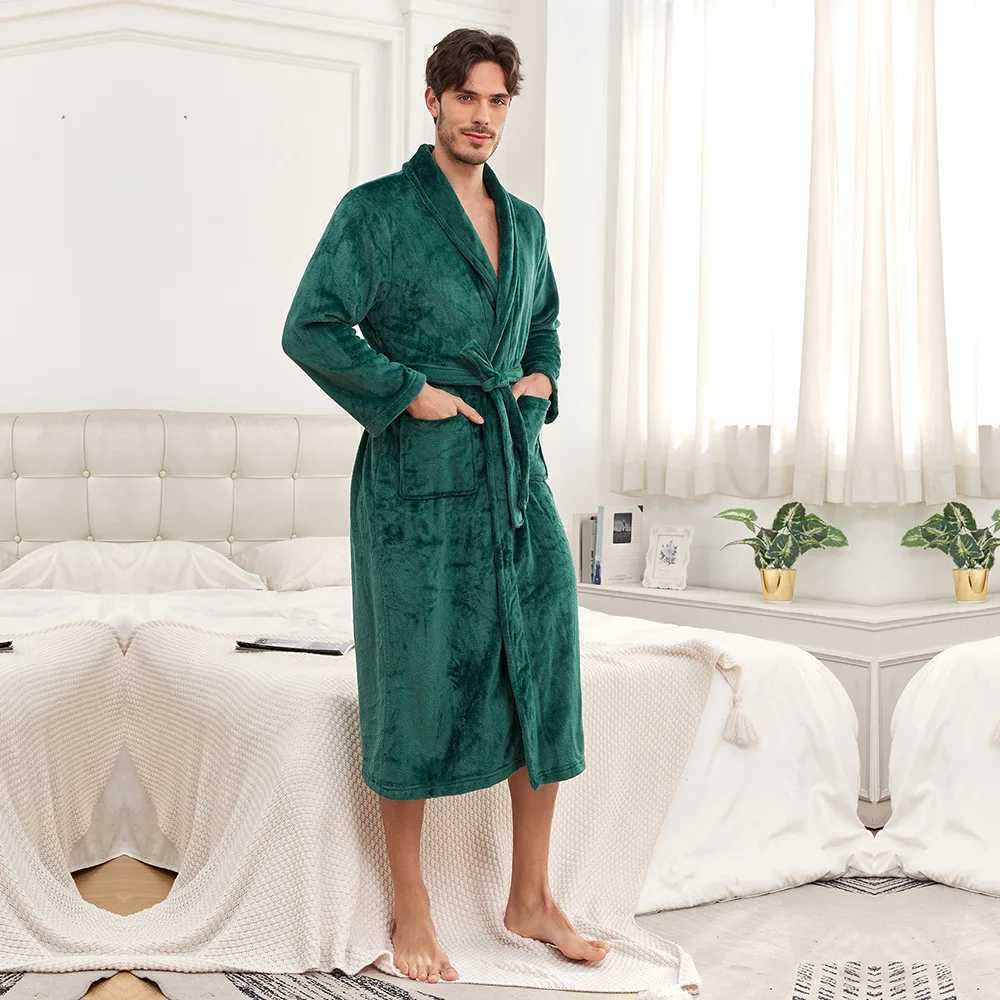 Mens Flannel Kimono Robe Nightwear Female Winter Warm Homewear Bathrobe Gown Shower Solid Sleepwear With Pocket LoungewearXJ241018