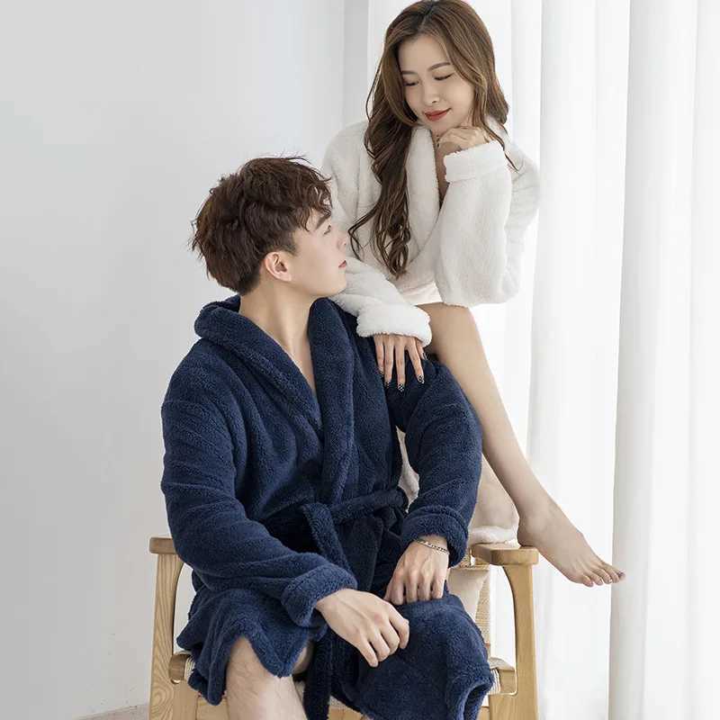 Mens Flannel Sleepwear Robe Couple Coral Fleece Nightgown Nightwear Couple Sexy Bathrobe Kimono Gown Autumn Winter Home ClothesXJ241018