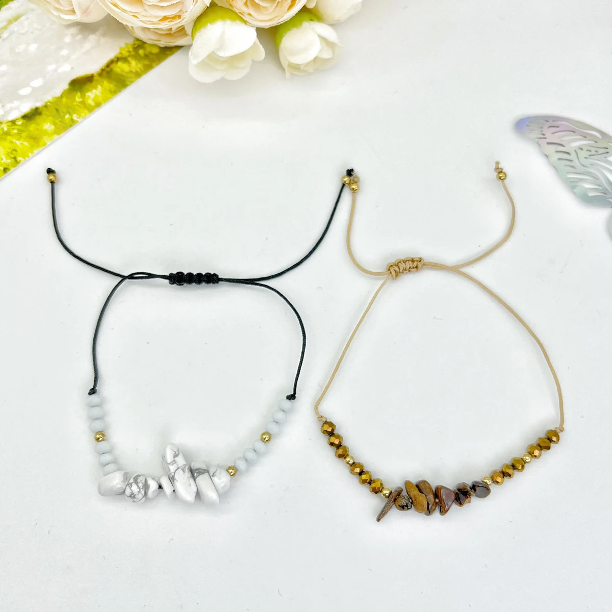 12 pieces/card multi-color natural stone hand woven bracelet irregular bead woven bracelet summer beach style 241018