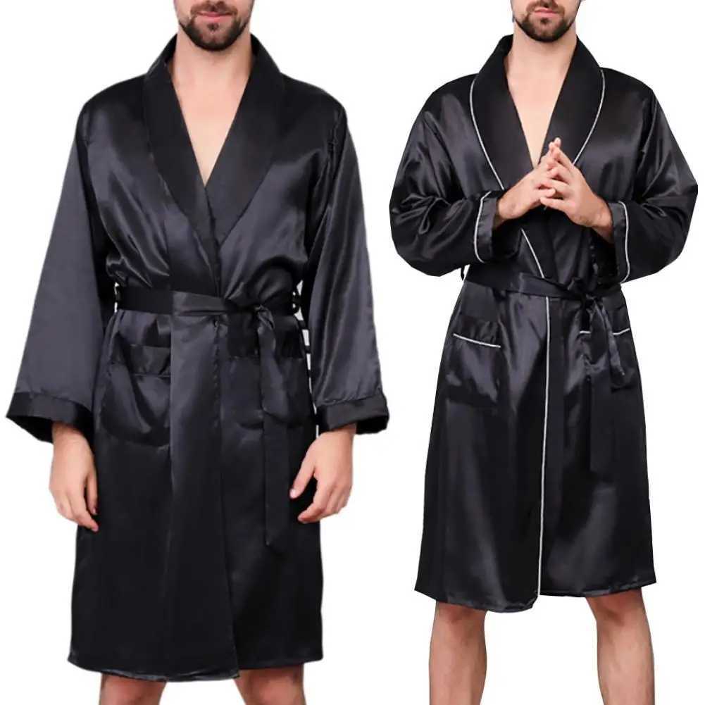 Summer Men Robe Imitation Silk with Pockets Waist Belt Bath Robe Home Gown SleepwearXJ241018