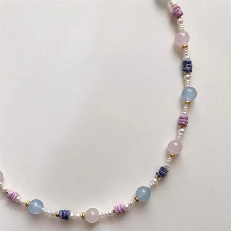 Summer Bohemian Natural Stone Necklace Mixed and Matched with Small Freshwater Pearls Exquisite Necklace Sweet Gold Plated Charm Jewelry 241018