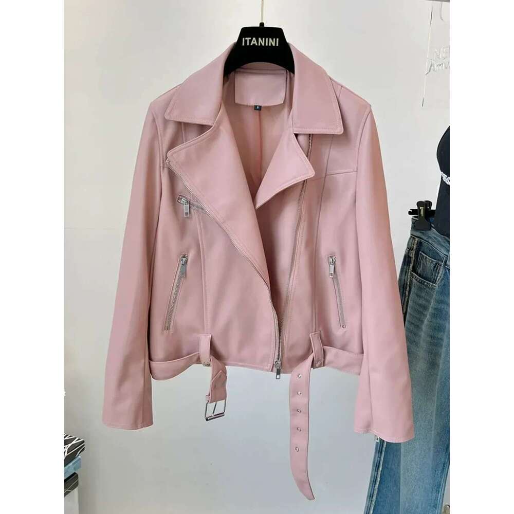 Pink Short Faux Leather Women's Small 2024 Spring Easy To Match Casual Biker Jacket High Street Cool American Fashion