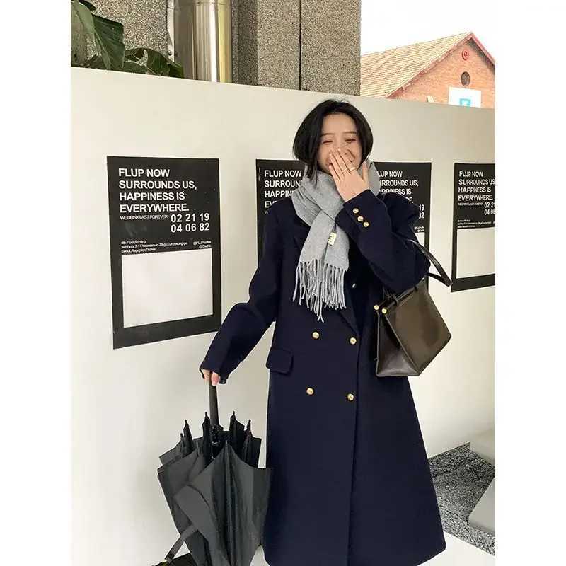 New British Style Navy Blue Woolen Coat Women Jackets Winter Clothes Double breasted Mid Length Wool Suit Jackets Women ClothingX241009