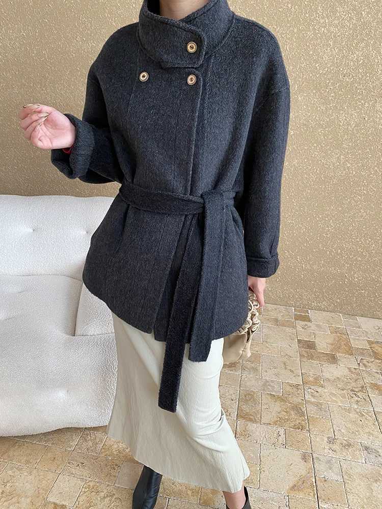 EAM Beige Belted Big Size Elegant Woolen Coat New Lapel Long Sleeve Women Jacket Fashion Tide Autumn Winter 2024 1DH7359X241009