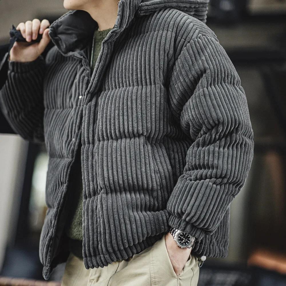 Maden Mens Corduroy Down Jacket Winter Thickened Warm Striped Hooded Coat Vintage Padded Jackets Removable Hood Black Clothing 241017