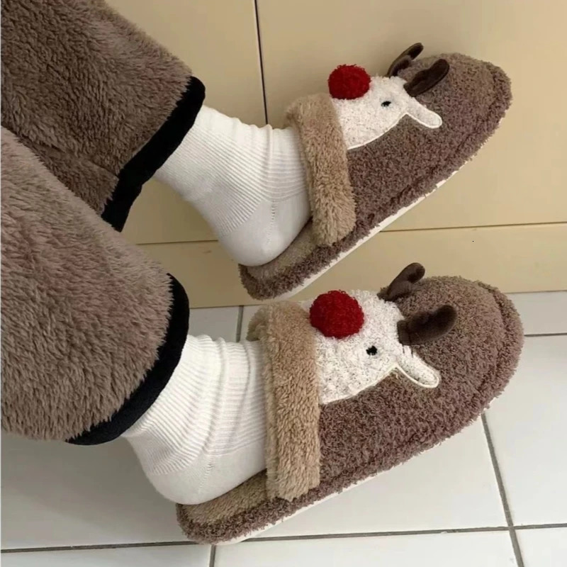 Winter womens cartoon deer fur slider mens indoor plush quiet sandals couple Christmas cotton shoes girl warm slider as a gift241018bj