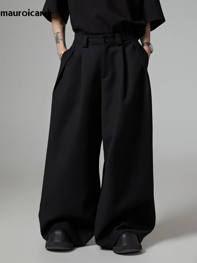Mauroicardi Spring Autumn Oversized Long Black Flowy Baggy Wide Leg Pants for Mens Streetwear Loose Casual Soft Trousers 241018