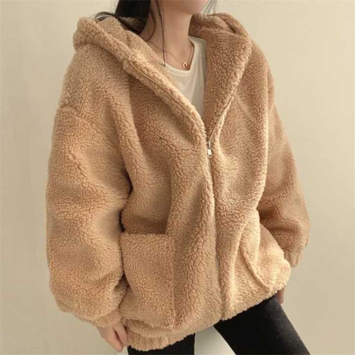 Loose Zipper Hooded Jacket 2024 Women Thicken Korean Version Plush Thickened Lamb Wool Cotton Middle Length Coat WinterX241018