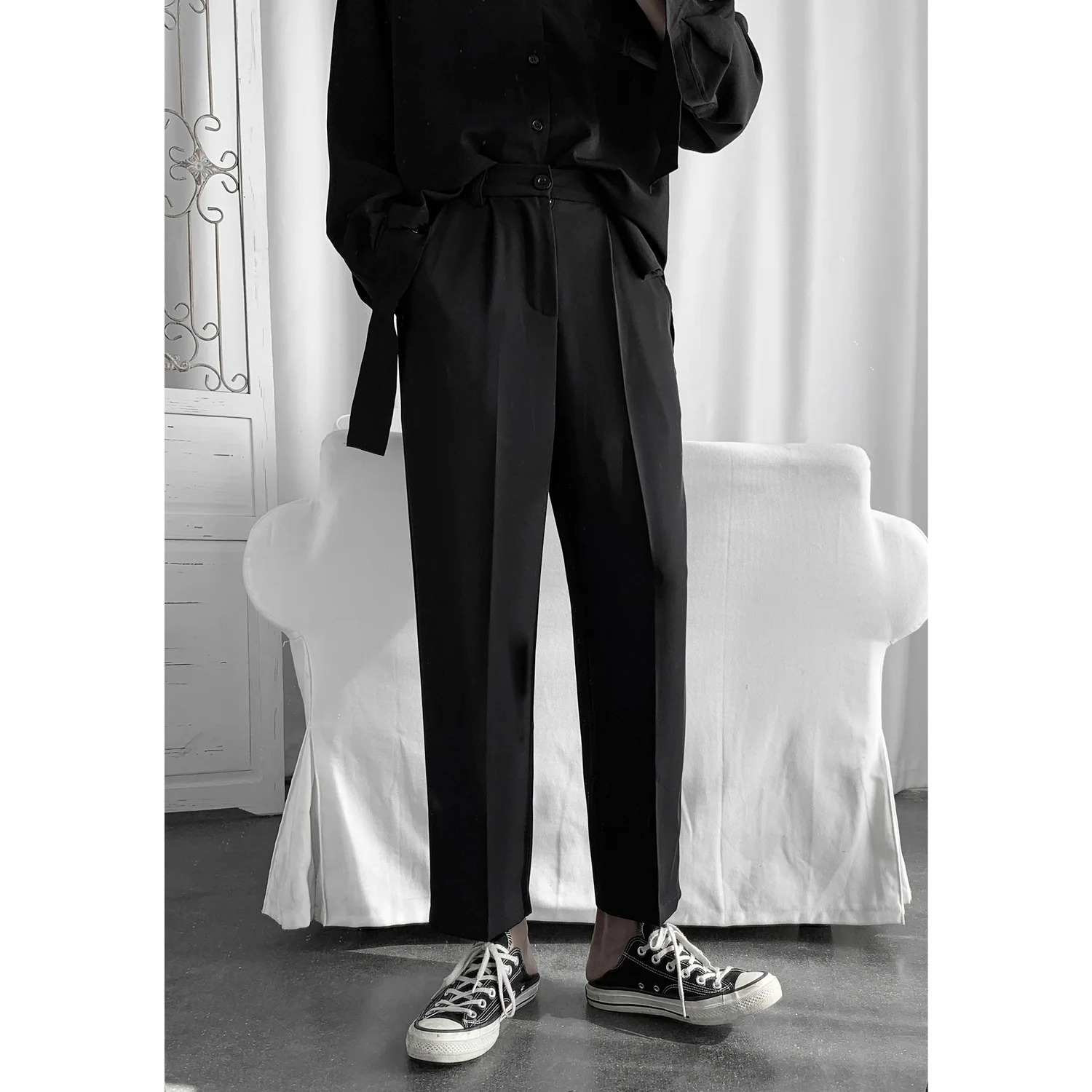 Spring Korean Style Insdull Black Casual Cropped Pants Loose Fit Versatile Straight Leg Bell Bottoms For Men 241018