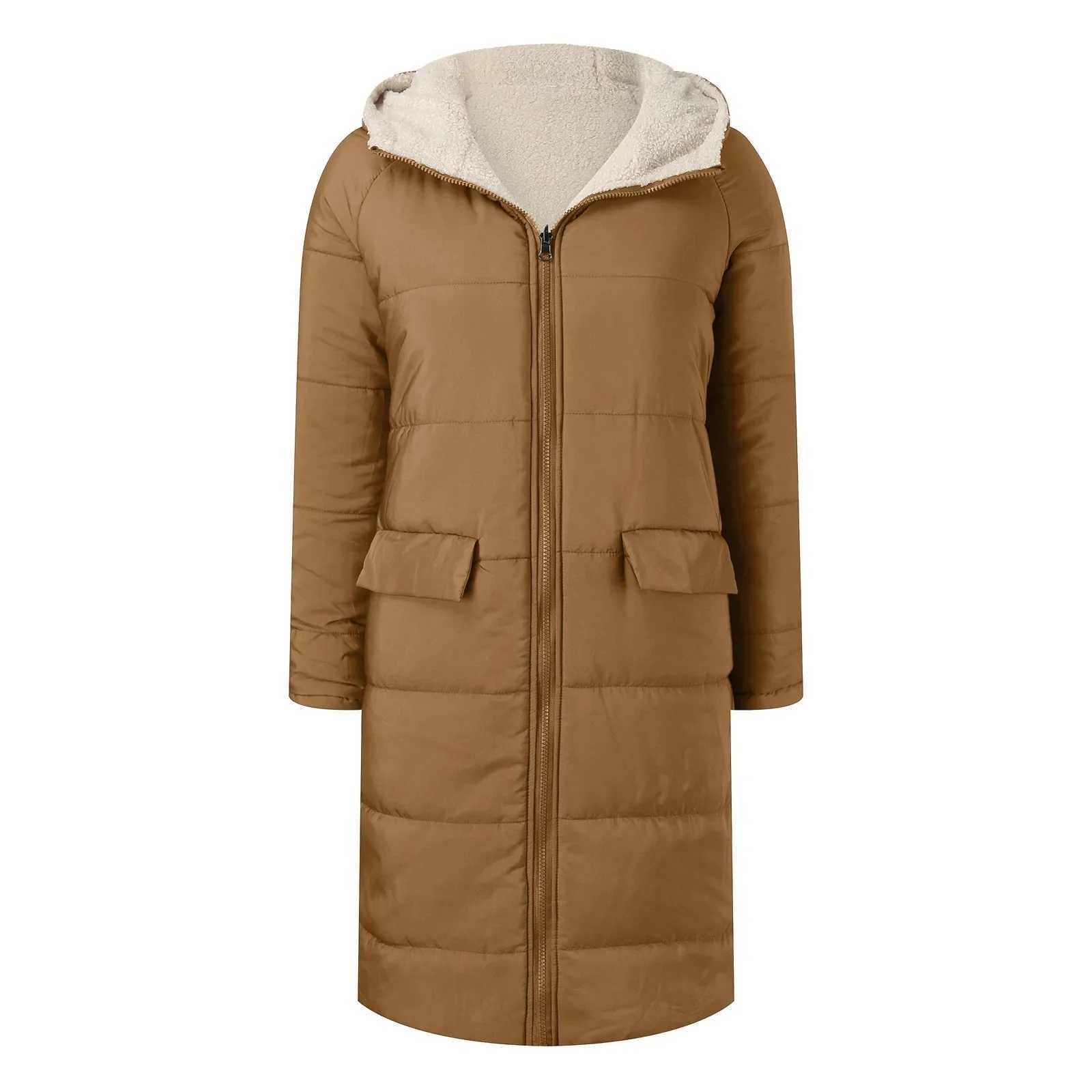 Womens Loose Solid Color Plush Long Parkas 2023 New Winter Parkas Coat Womens Casual Long Sleeve Hooded Pocket Zipper CoatX241018