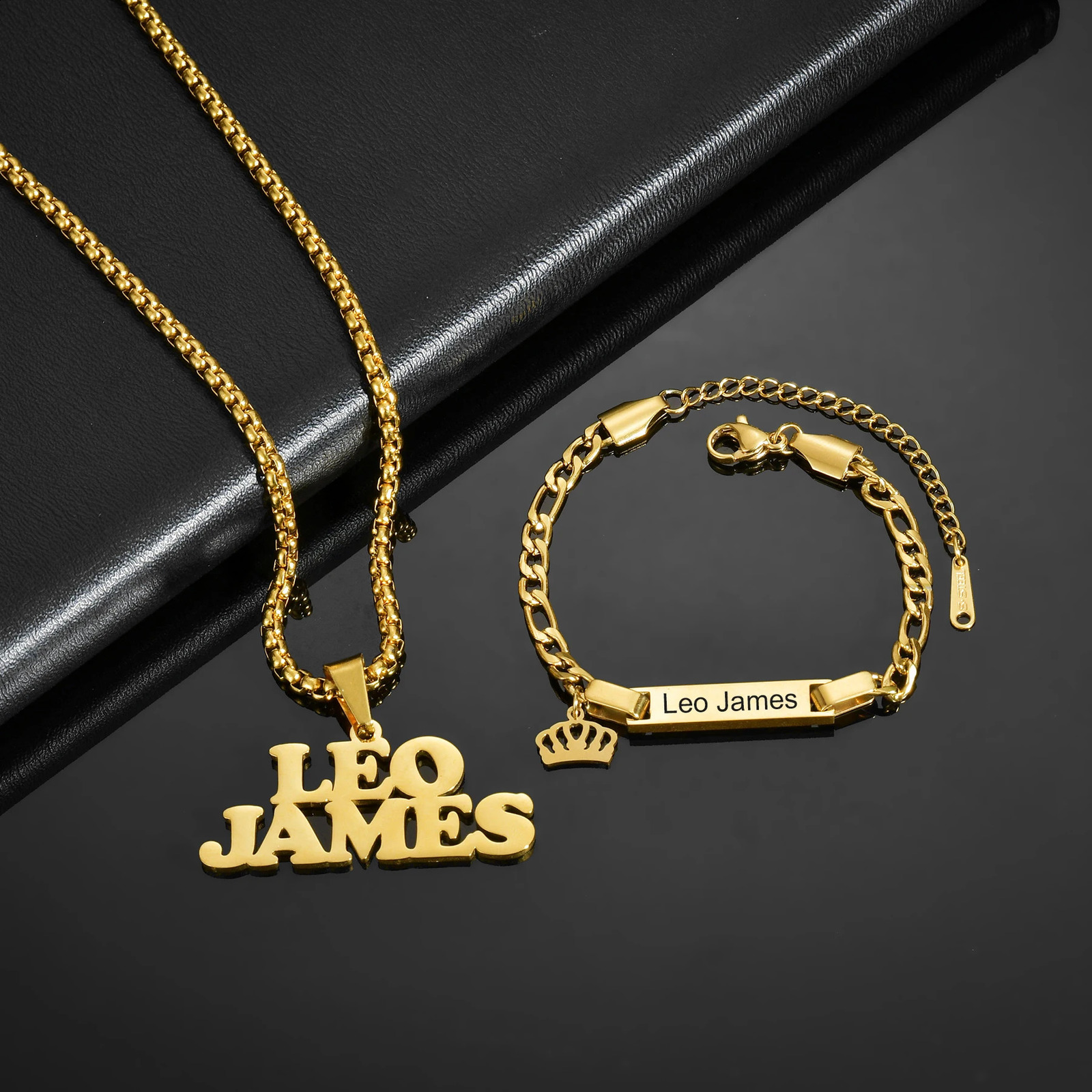 Carving custom Chirldren name bracelet 30cm necklace stainless steel jewelry set personalized Christmas gift for children 241018