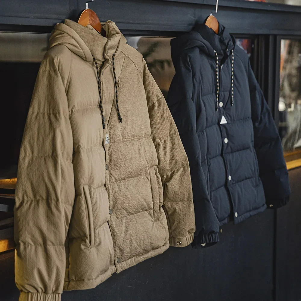 Maden Mens Winter Wide Quilting Seam Thickened Down Jacket White Duck Down Navy Blue Hooded Jacket High Density Fabric Warm Top 241017