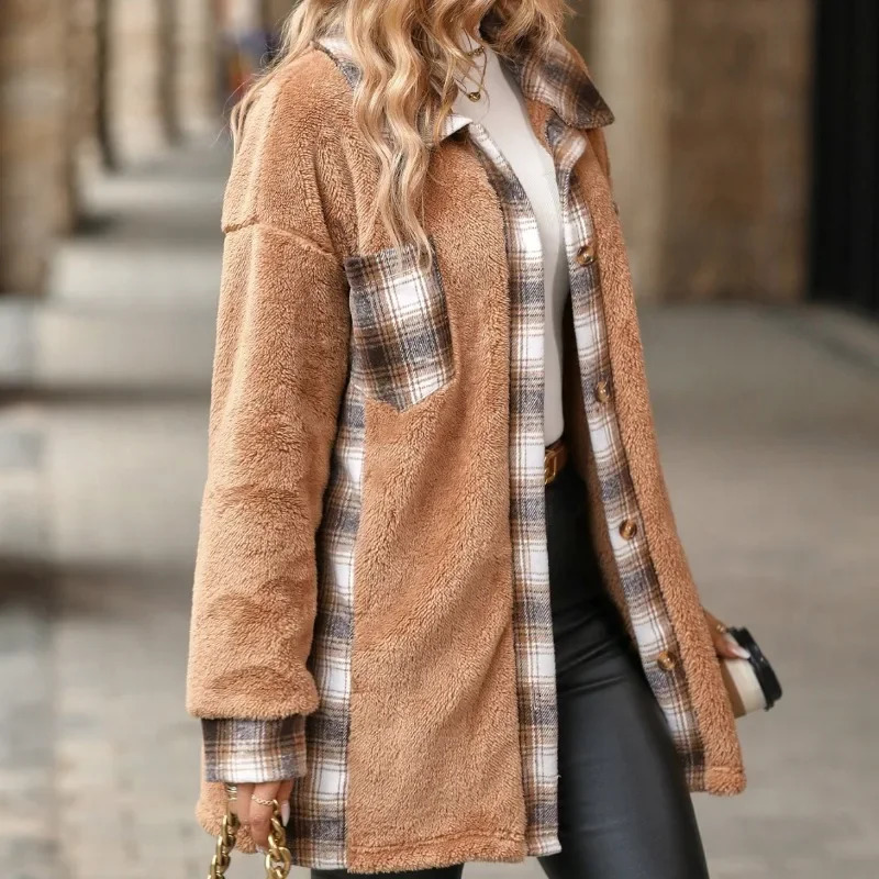 Womens Autumn and Winter Single Breasted Lapel Mid Length Plaid Plush Jacket Coats Long Coat Women Warm 241018
