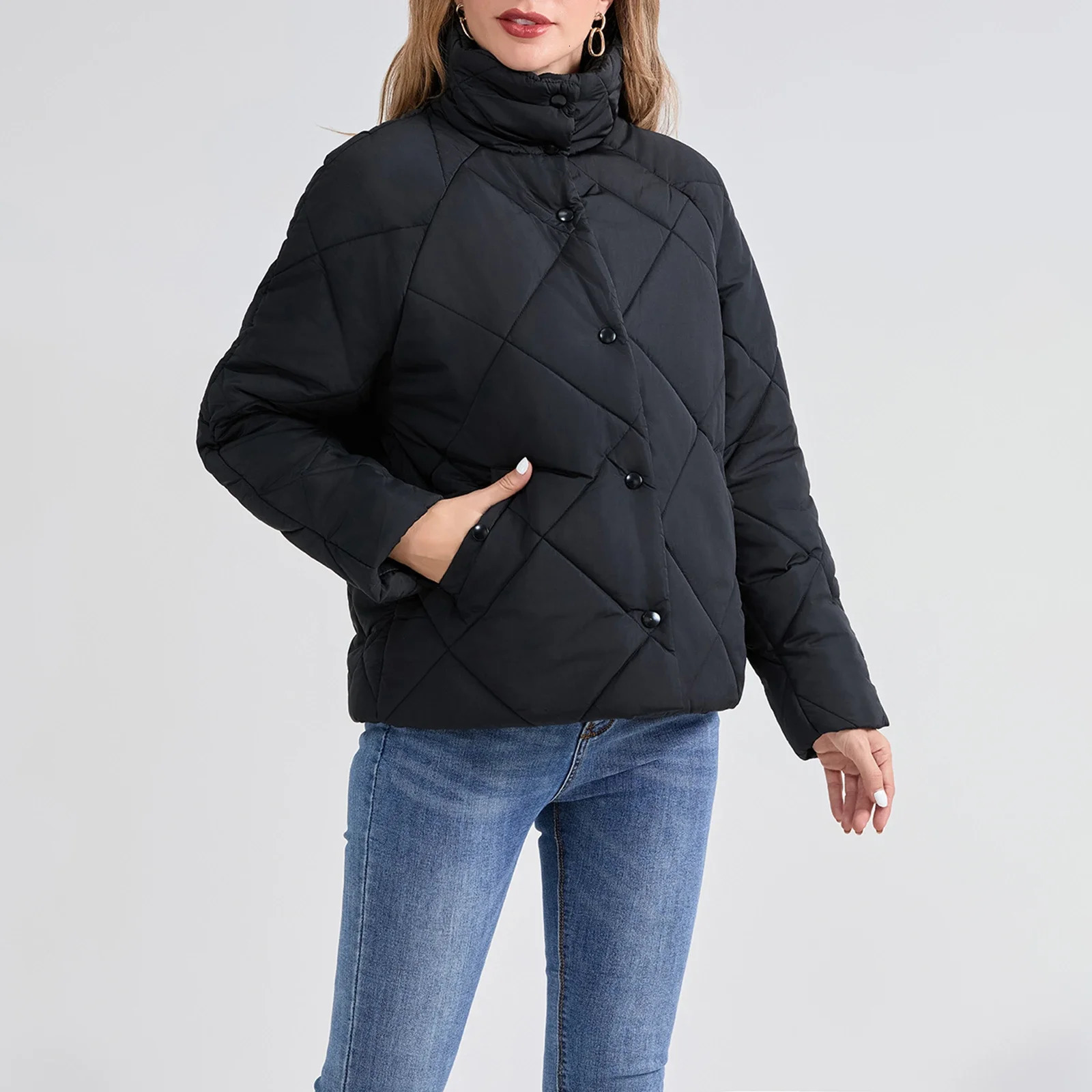 Womens Winter Puffer Coats Solid Color Long Sleeve Stand Collar Button down Quilted Jackets Warm Parkas 241018