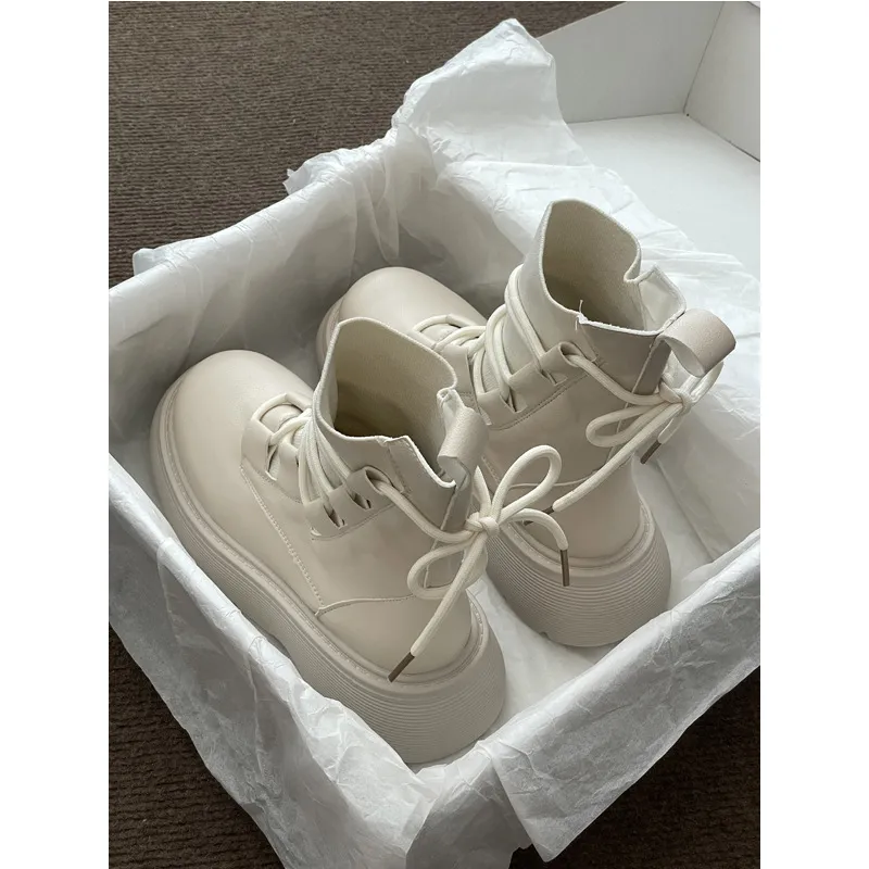 Designer Boot White Womens Boots British-Style Martin - Thick Sole Elevating Lace-Up Ankle Women's Martin Boots