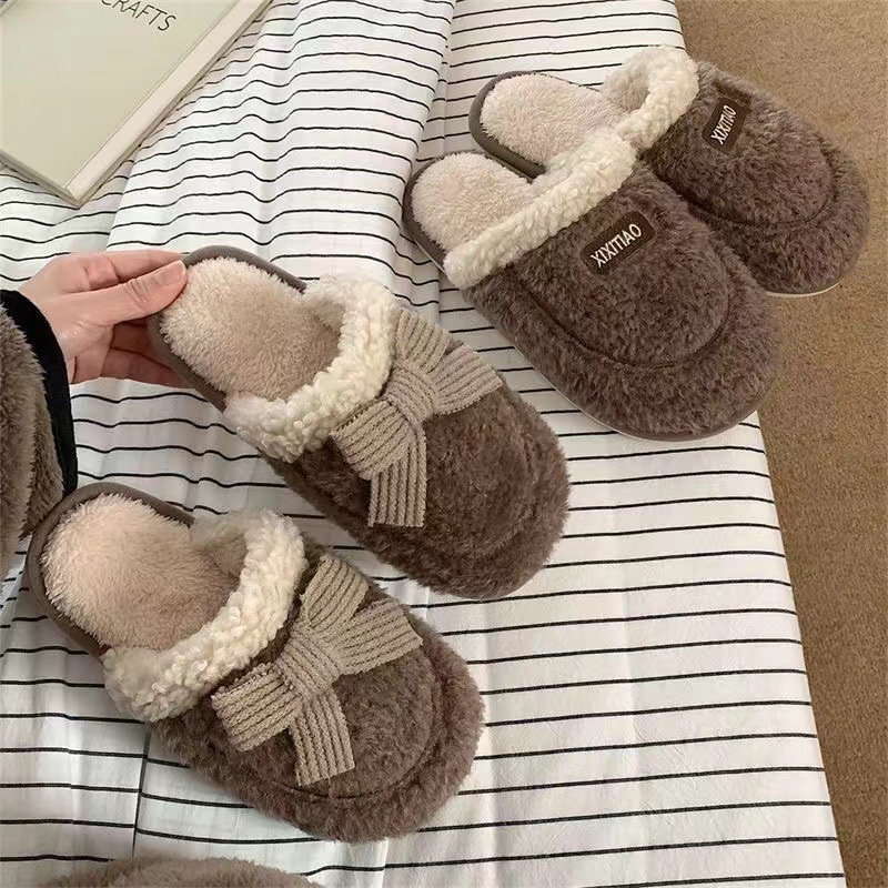 Cute Bow Slippers: Thick Bottom Anti-Slip Cotton Slippers for Couples