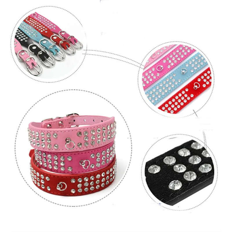 Jeweled Personalized Suede Length Rhies Skin Pet Collars Three Rows Sparkly Crystal Dias Studded Puppy Dog Collar