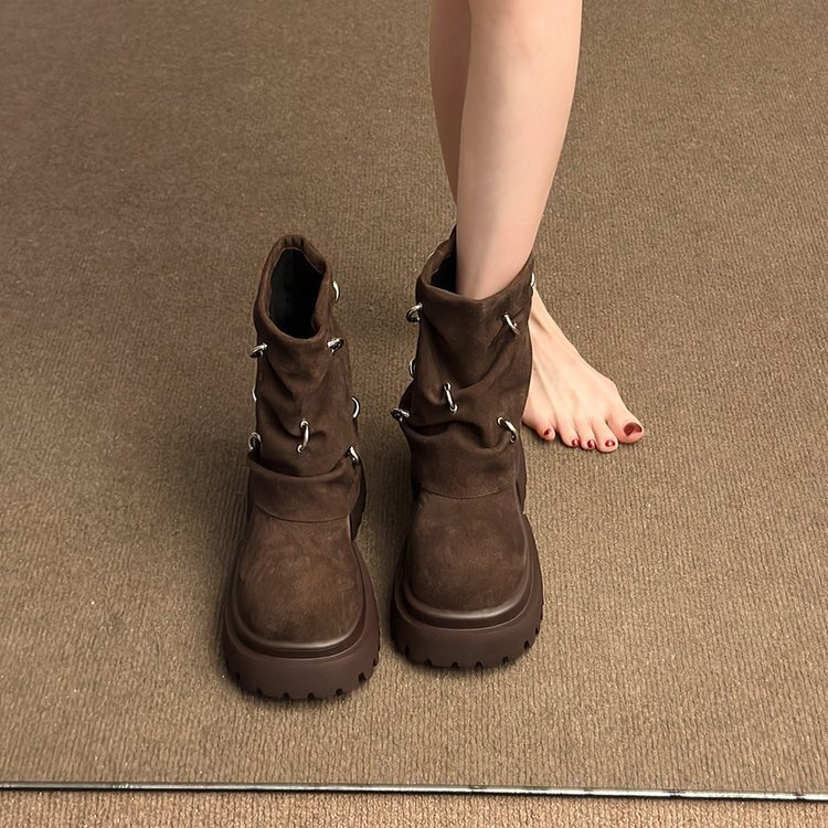 Metal buckle Martin boots, women's thick soled Western cowboy boots, 2024 new model, thick heel motorcycle short boots, pile up boots