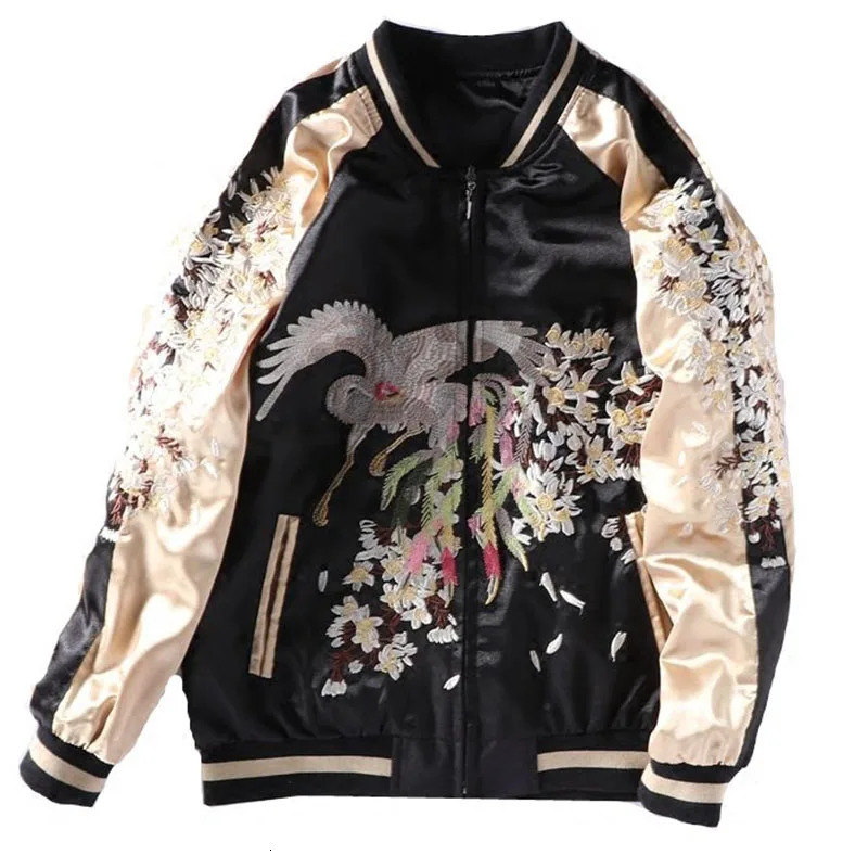 Yokosuka Embroidery Baseball Jacket Men Women Patchwork Color Silk Double Sided Bomber Coat 241018