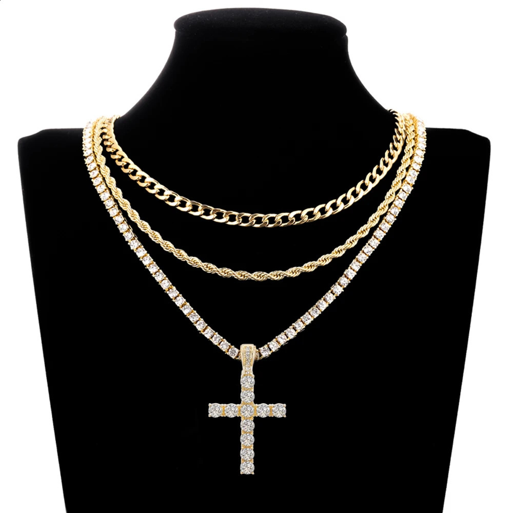 Womens Hip Hop Cross Pendant Necklace with 4mm Zircon Tennis Chain Ice Sparkling Necklace Hip Hop Jewelry Fashion Gift 241018