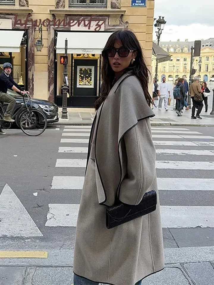 Elegant Woolen Patchwork Long Coat Women With Scarf Loose V-neck Full Sleeve One Button Overcoat Autumn Lady High Street OutwearX241009