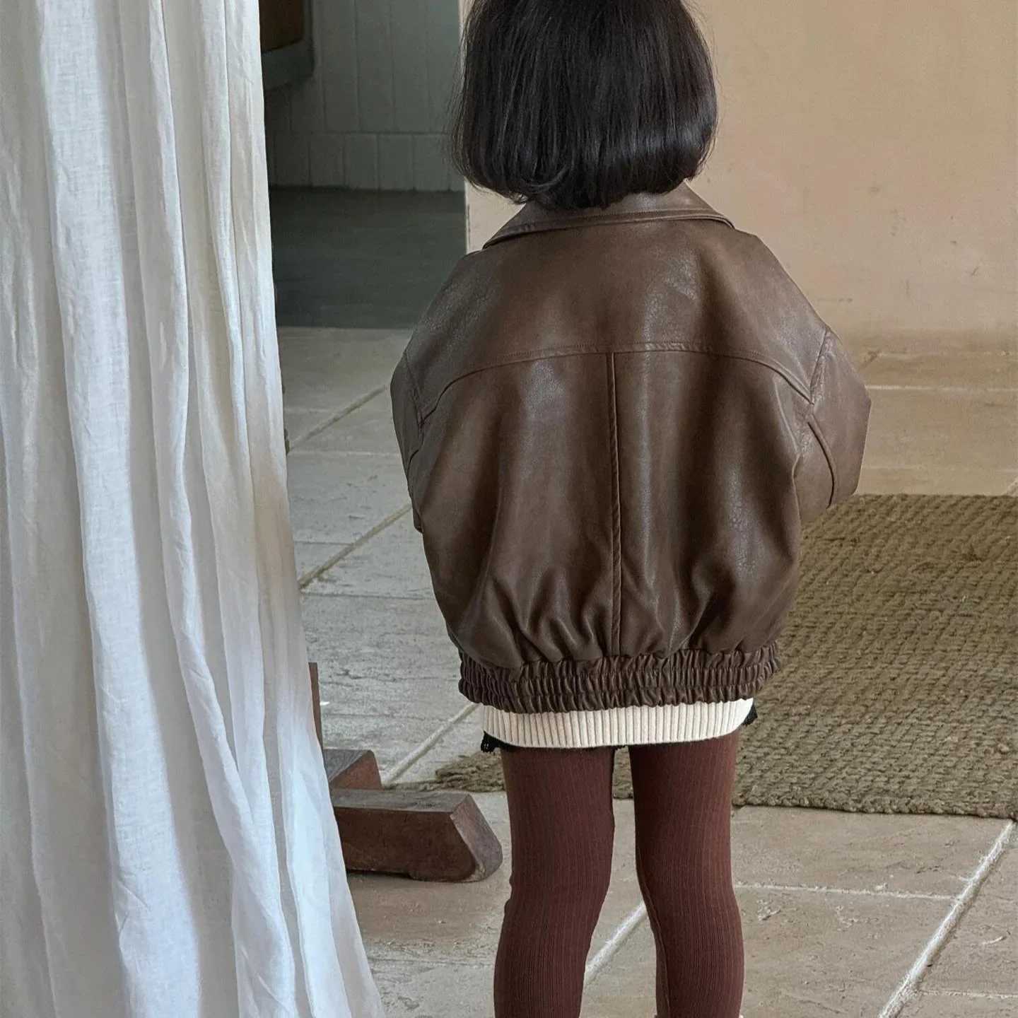Autumn New Korean Childrens Clothing Girls Jacket Retro Coffee Short Leather Jacket Boutique Clothing Minimalist Style M241018
