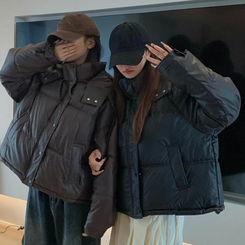 Rimocy American Vintage Brown Short Jacket Woman Fashion Warm Long Sleeve Parkas Autumn Winter Hooded Puff Coats 241018