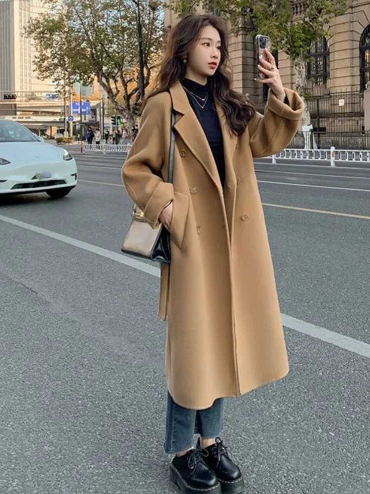 Autumn Winter Loose Woolen Coat for Women Casual Solid Outerwear with Belted Korean Fashion Chic Female Overcoat Clothes NewX241009