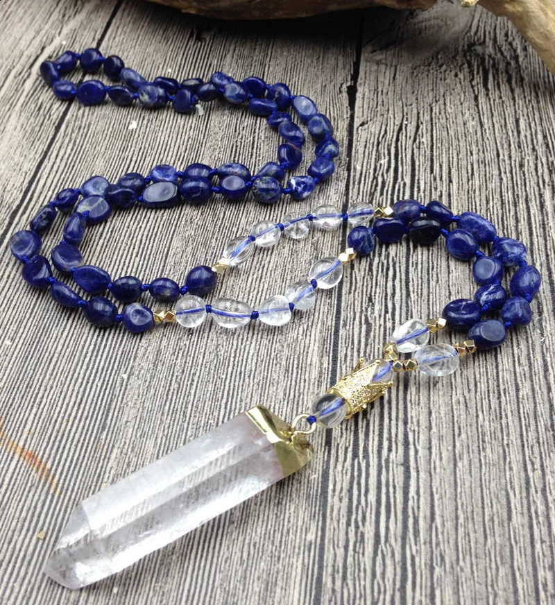 YA2827 Natural Quartz Pendant Sodalite Quartz Irregular Diamond Bead Knot Handmade Necklace 241018