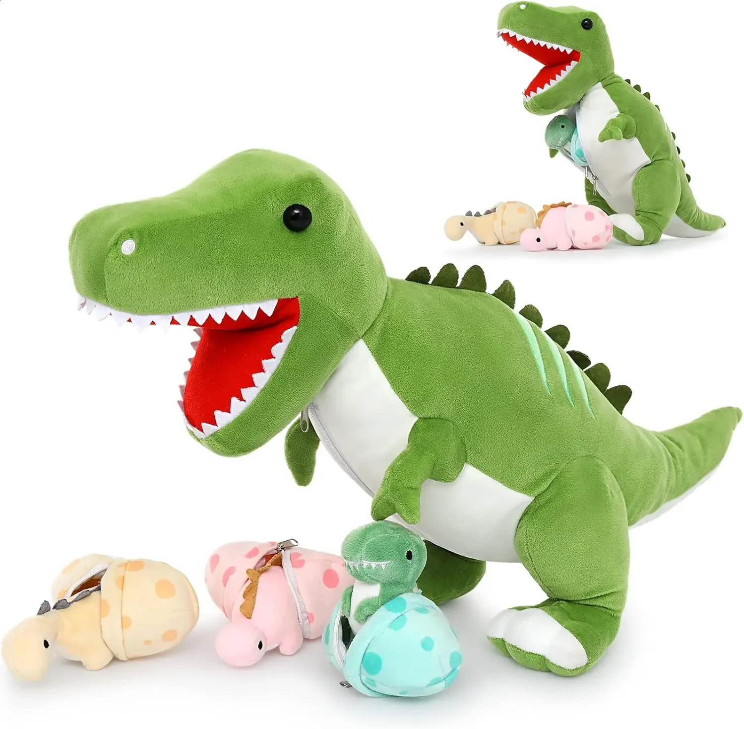 Tezituor Giant Dinosaur Stuffed Animal 23.6 Big T-Rex Mommy Dinosaur Plush Toy with 3 Cute Baby Dinosaurs 3 Egg Bags Inside 241017
