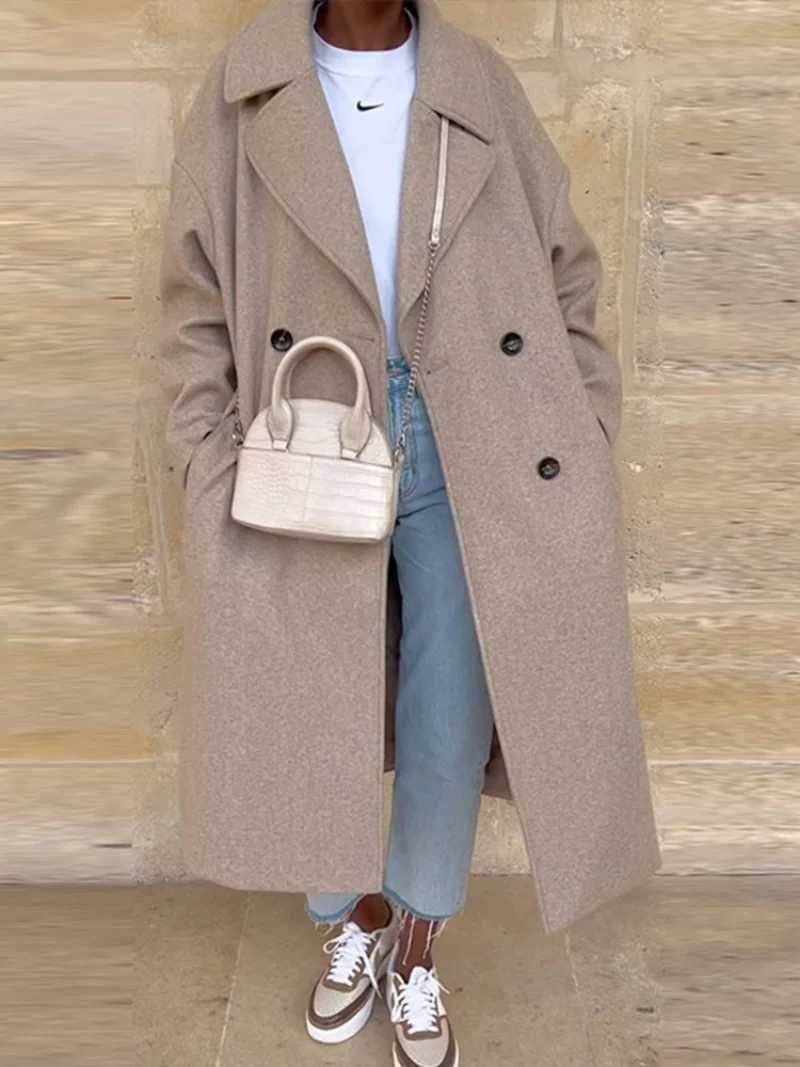 Women Oversize Lapel Double Breasted Woolen Coat Female Fashion Long Sleeves Wool Jacket 2022 Winter Warm Loose Commute OvercoatX241009