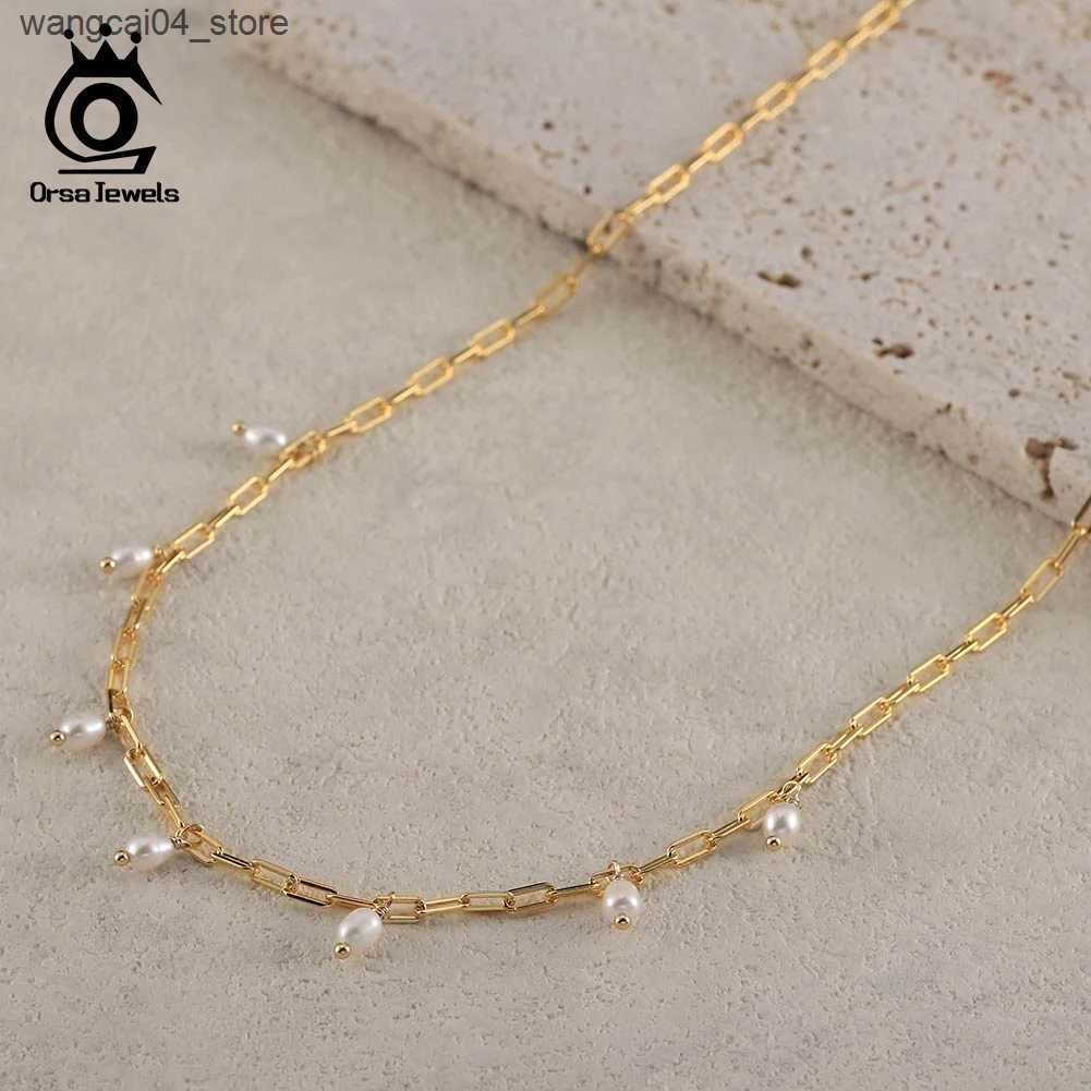 Chokers ORSA JEWELS 14K gold paper clip chain necklace with natural pearls suitable for women S925 silver pearl necklace party jewelry GPN51 L240910