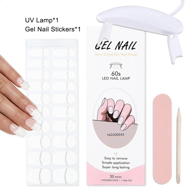 Semi-Cured Gel Nail Patch Set 20 Sheet with UV Lamp Adhesive Solid color shiny Sliders Long Lasting Full Cover Nail Gel Wrap 241017
