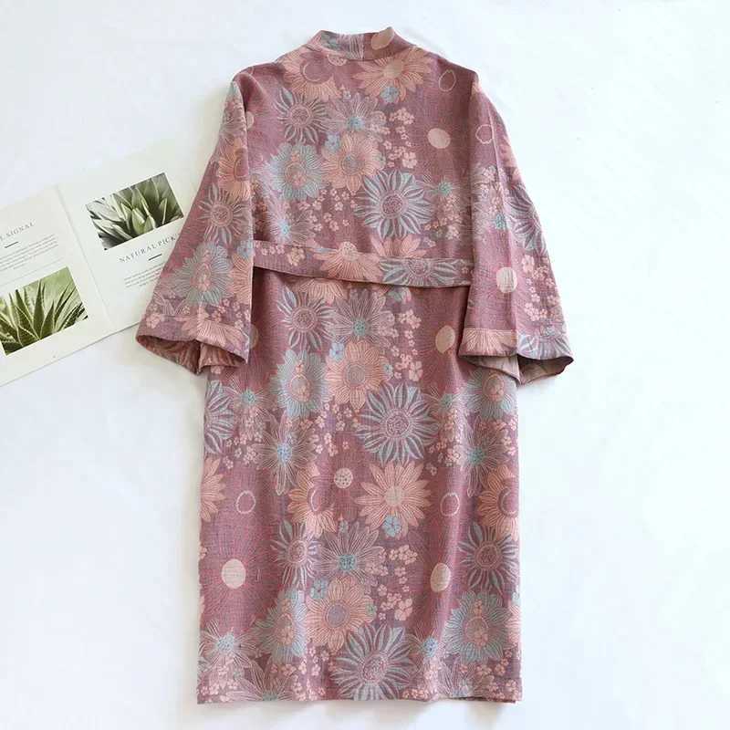 Womens Printed Cotton Loose Fitting Bathrobe Japanese Style Tie Up Kimono Bathrobe Sweat Steaming Cotton Pajamas Robes WomenXJ241018