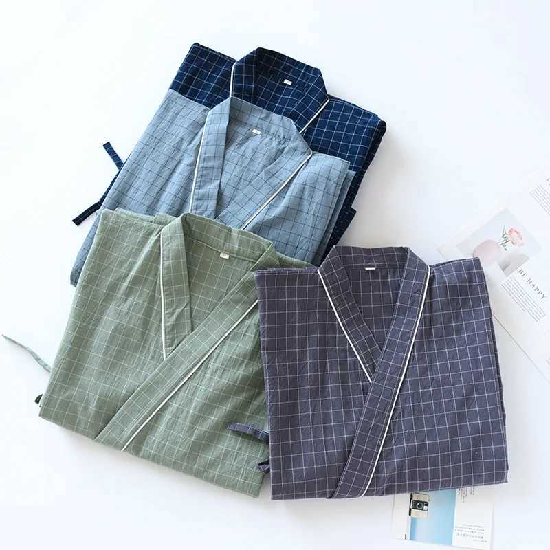 2024 Summer 100%Cotton Gauze Bathrobe Japanese-Style Kimono Men Plaid Robe Loose kimono bathrobe Men Sweat Steaming Sleep XJ241018
