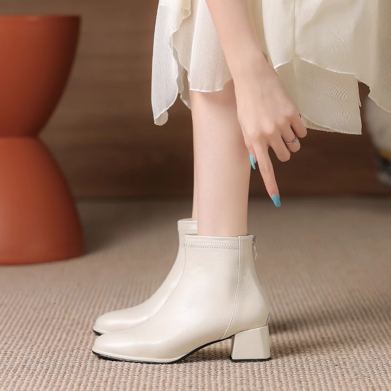 coarse heeled short boots for women 2024 spring and autumn single boots fashionable french high heels slim boots martin small round toe white womens b